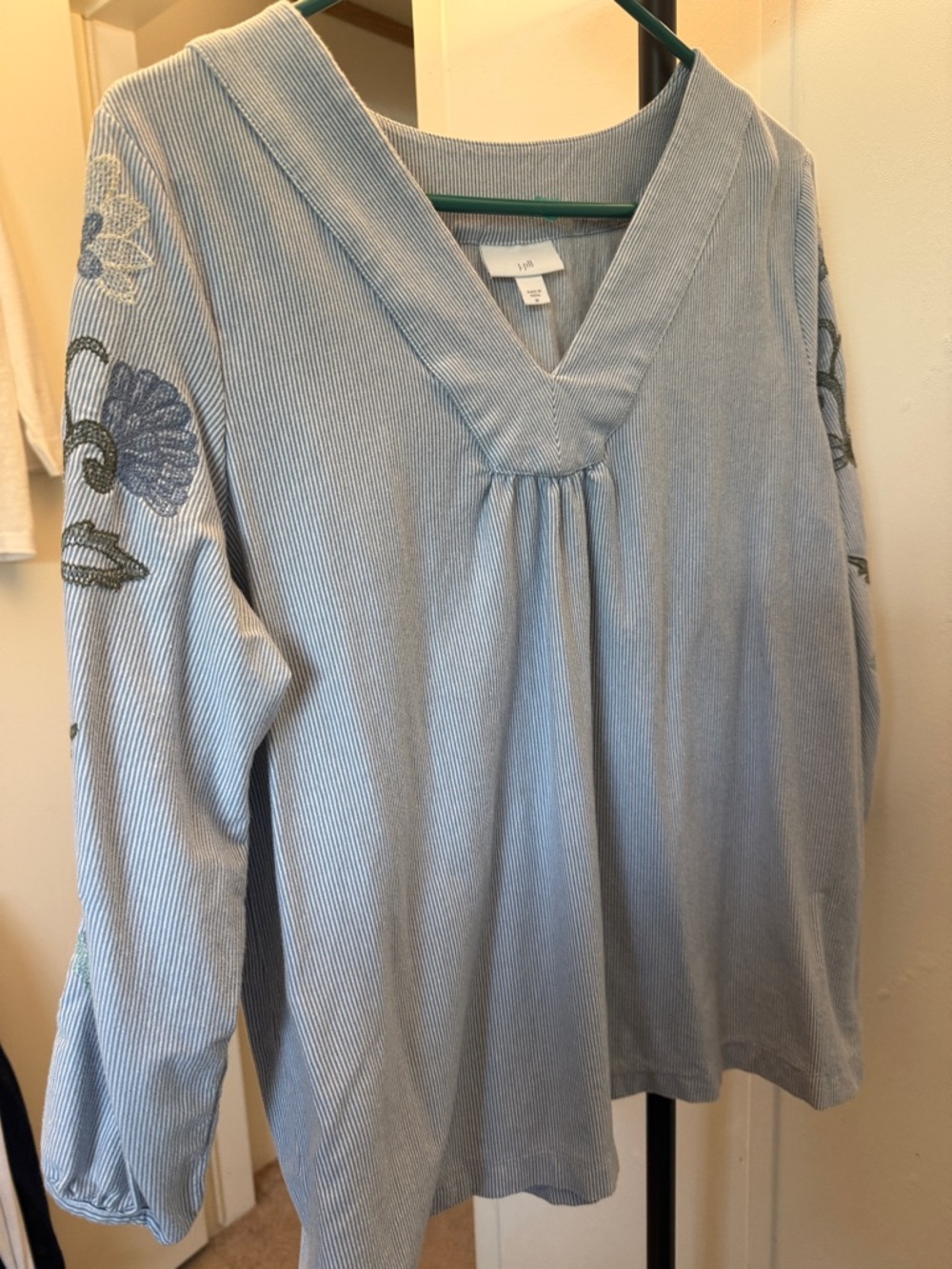 JJILL Embroidered Light Blue Striped V-Neck Blouse - Picture 3 of 6